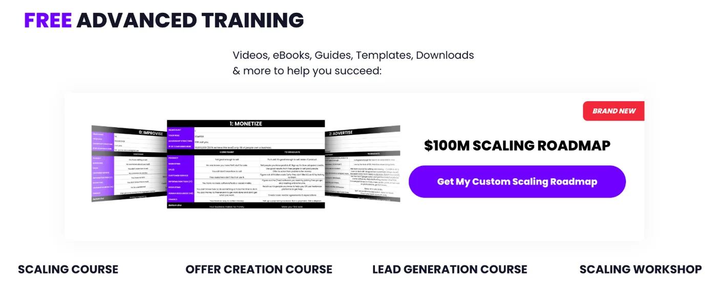 Acquisition.com training page with three courses and a workshop