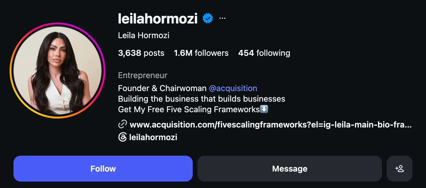 Leila Hormozi's Instagram profile and bio