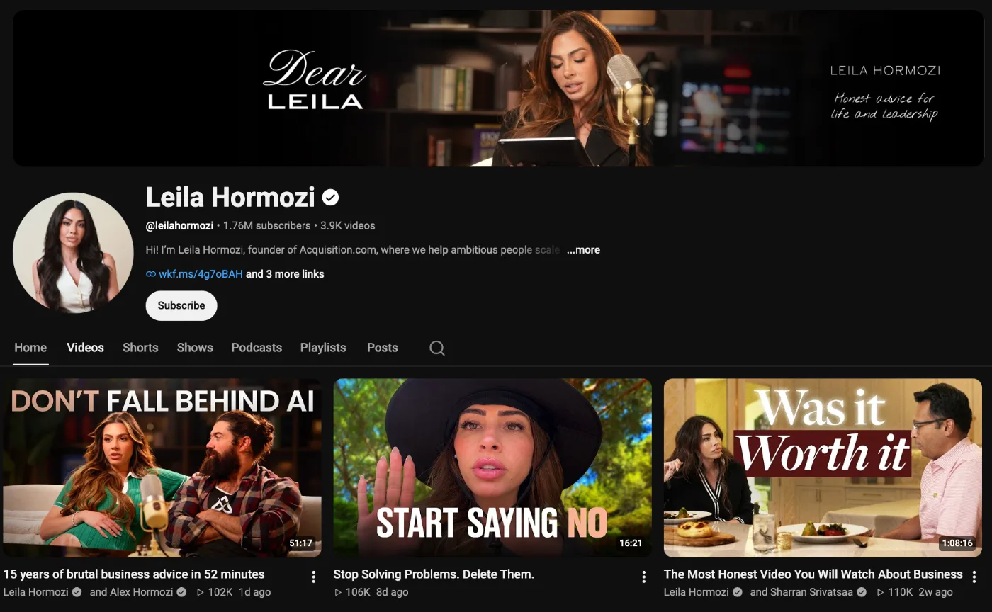 Leila Hormozi's YouTube channel page